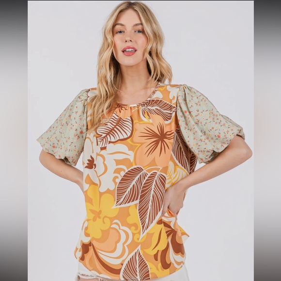 Boho Contrast Floral Print Blouse Top - Picture 2 of 6